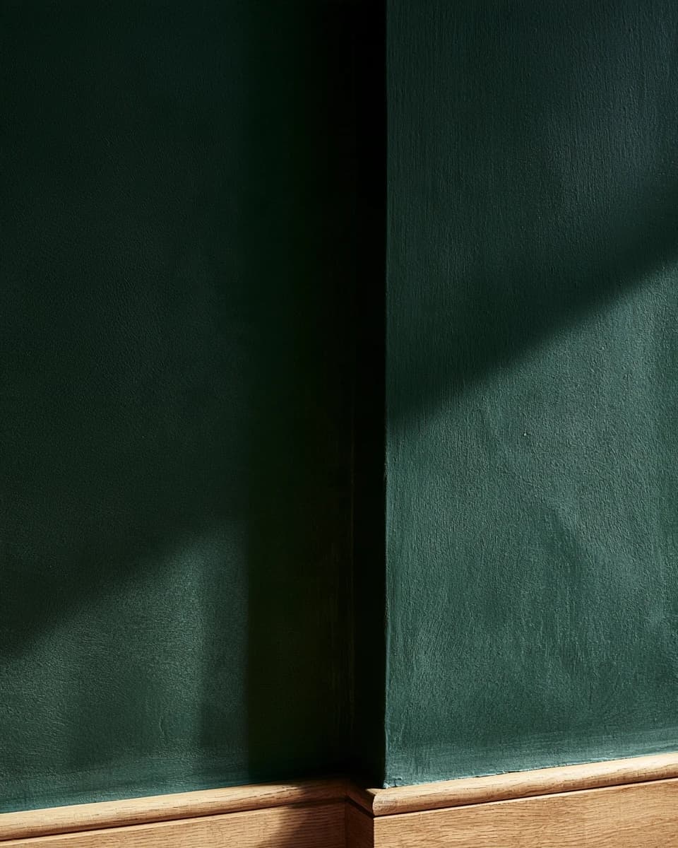 A bottle-green wall meeting an oak skirting board, with sunlight falling across the matte finish