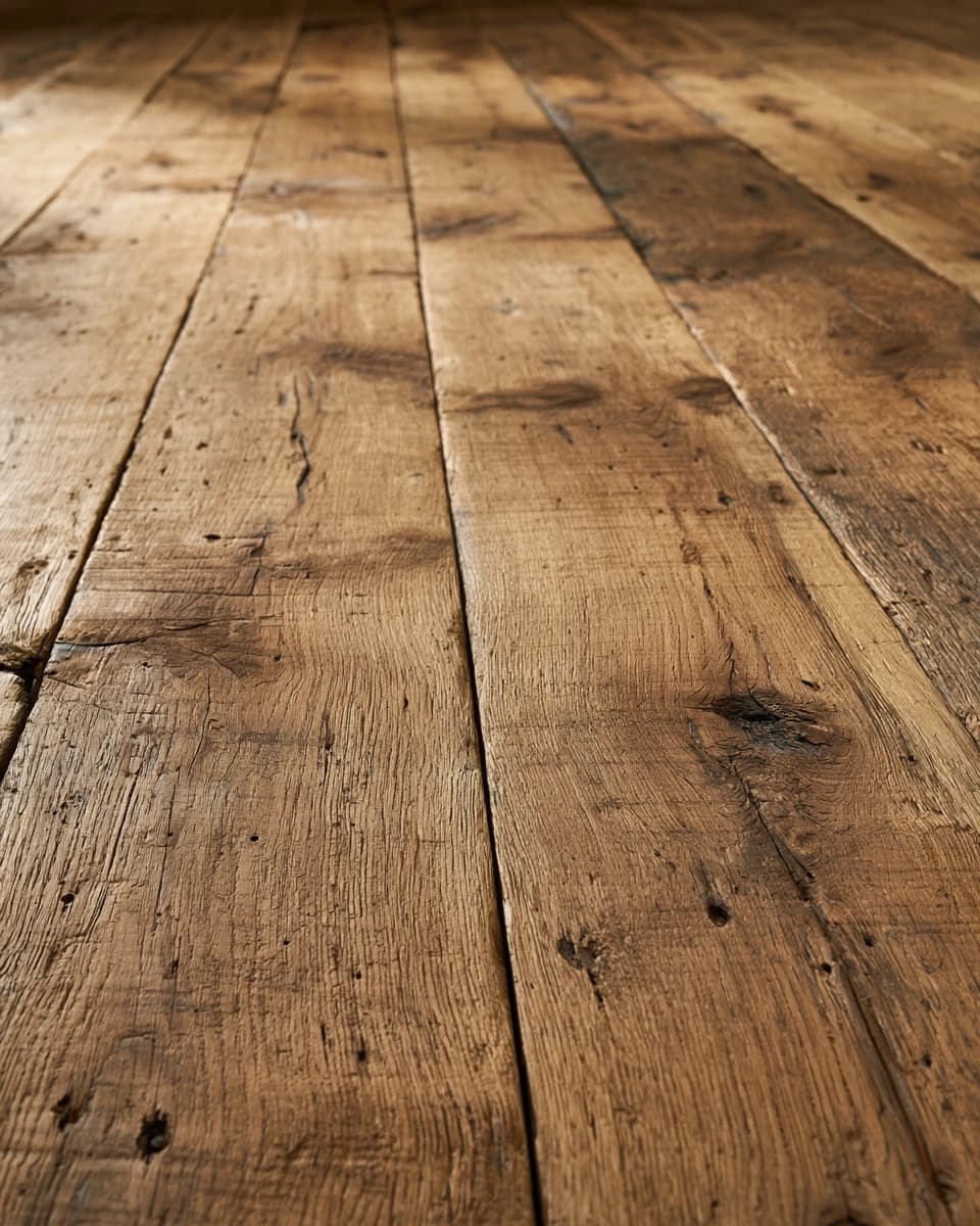 Wide reclaimed oak floorboards with old nail holes, knots and worn grain, receding into soft light