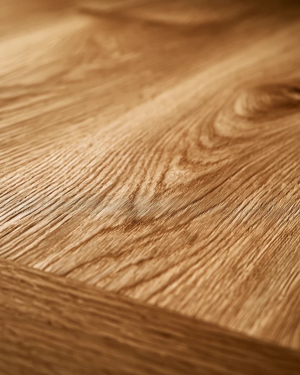 Close view of the grain of solid oak at the edge of a board