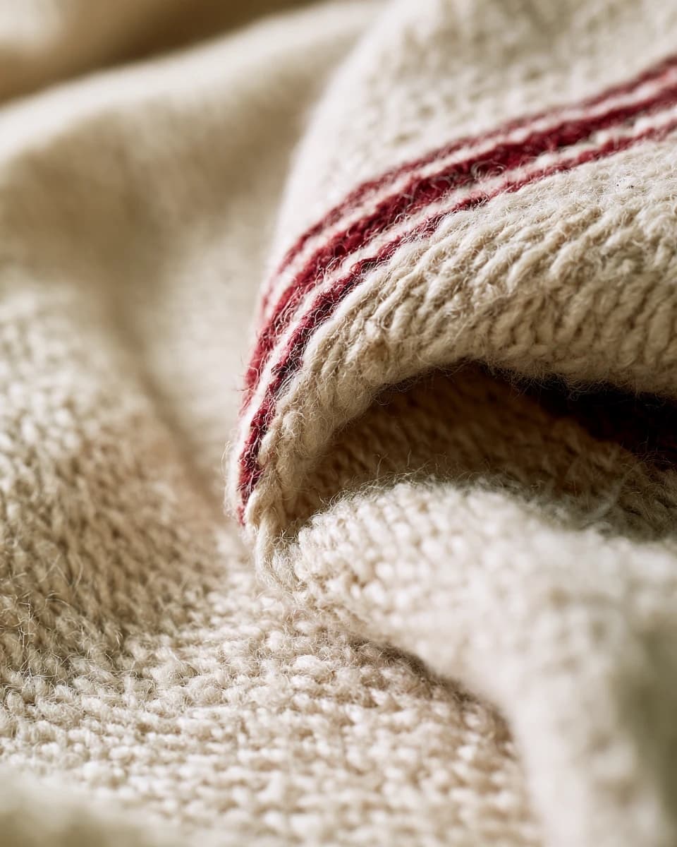 Close view of a chunky undyed wool weave with a deep red stripe along the edge