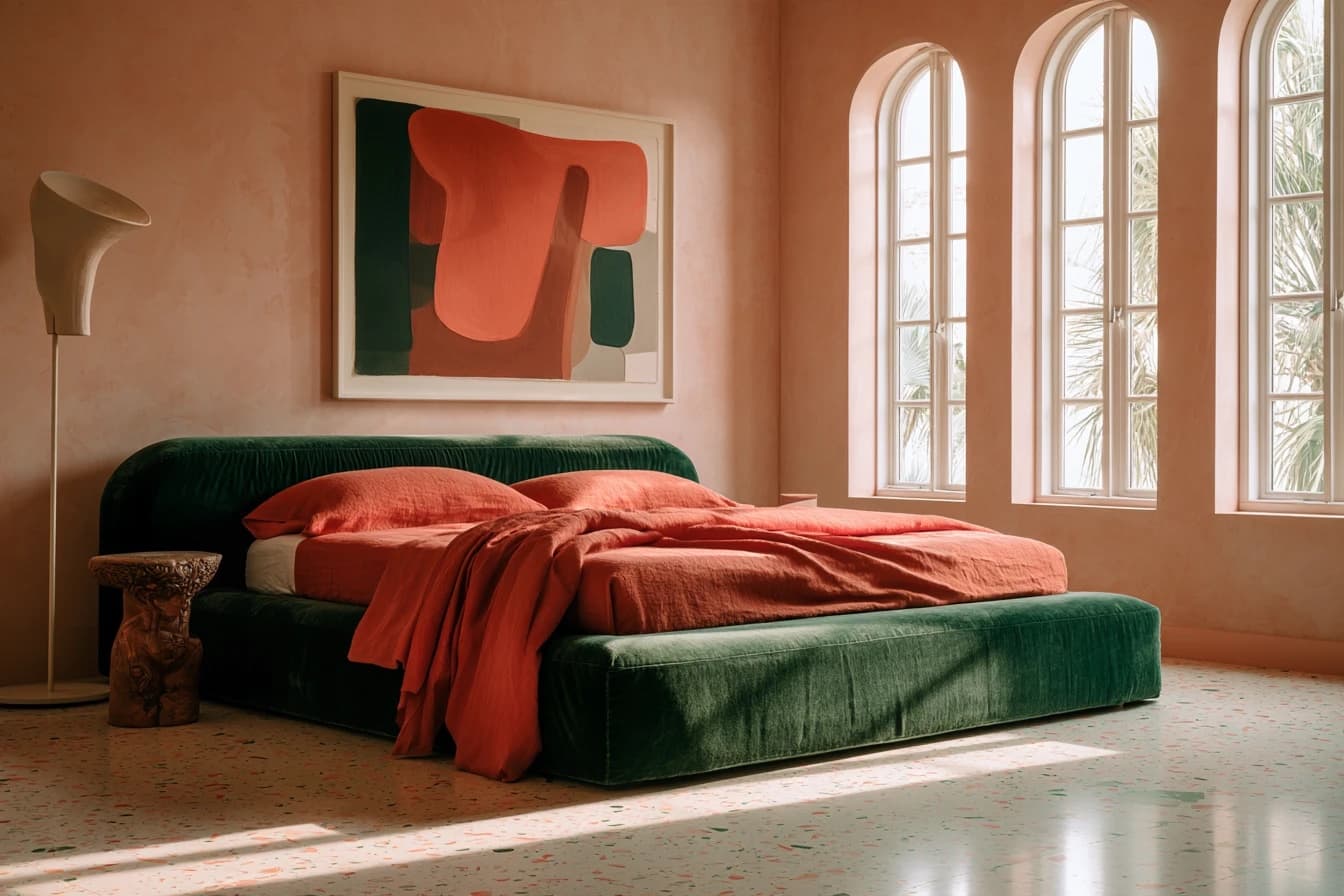 Bedroom with blush plaster walls, a green velvet bed with coral linen, a carved timber side table and tall arched windows onto palms