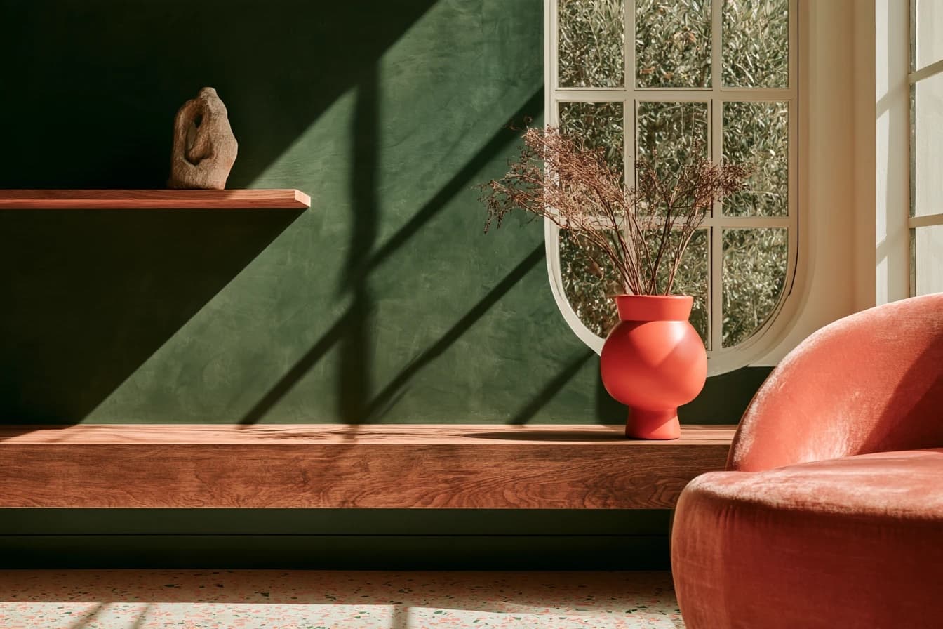 Green plaster wall with timber shelves, a stone object and a coral vase of dried stems in a shaft of sunlight
