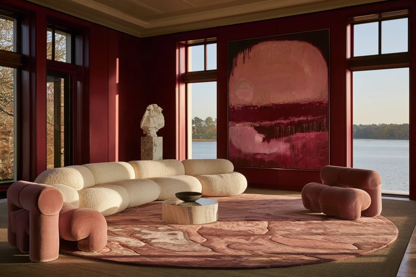 Living room with deep red panelled walls, a cream bouclé sofa, rose velvet chairs, a round rug and tall windows onto the lake