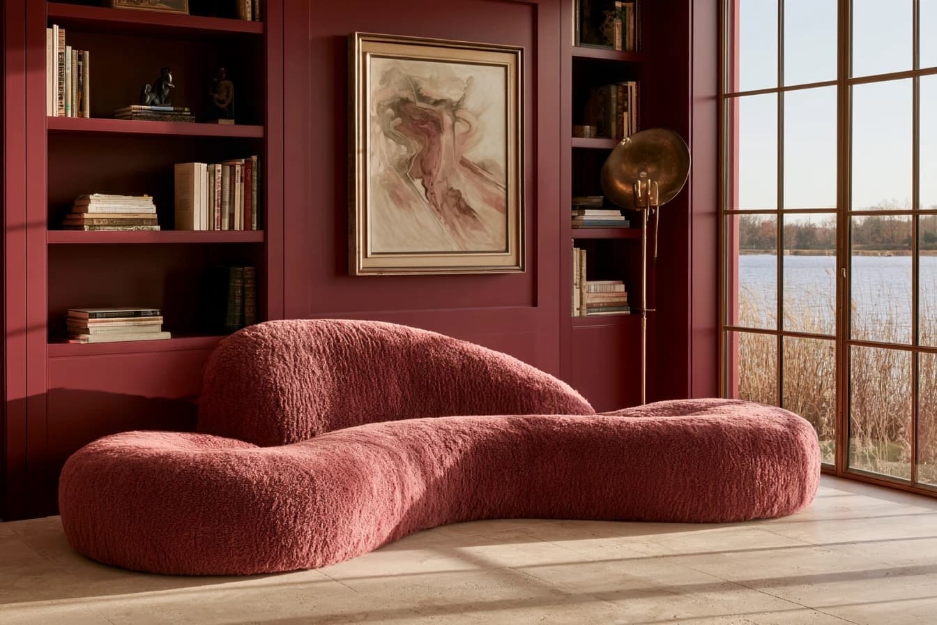 Library with red built-in shelves, a curving rose bouclé sofa on a travertine floor and a wall of steel-framed glass onto reeds and water