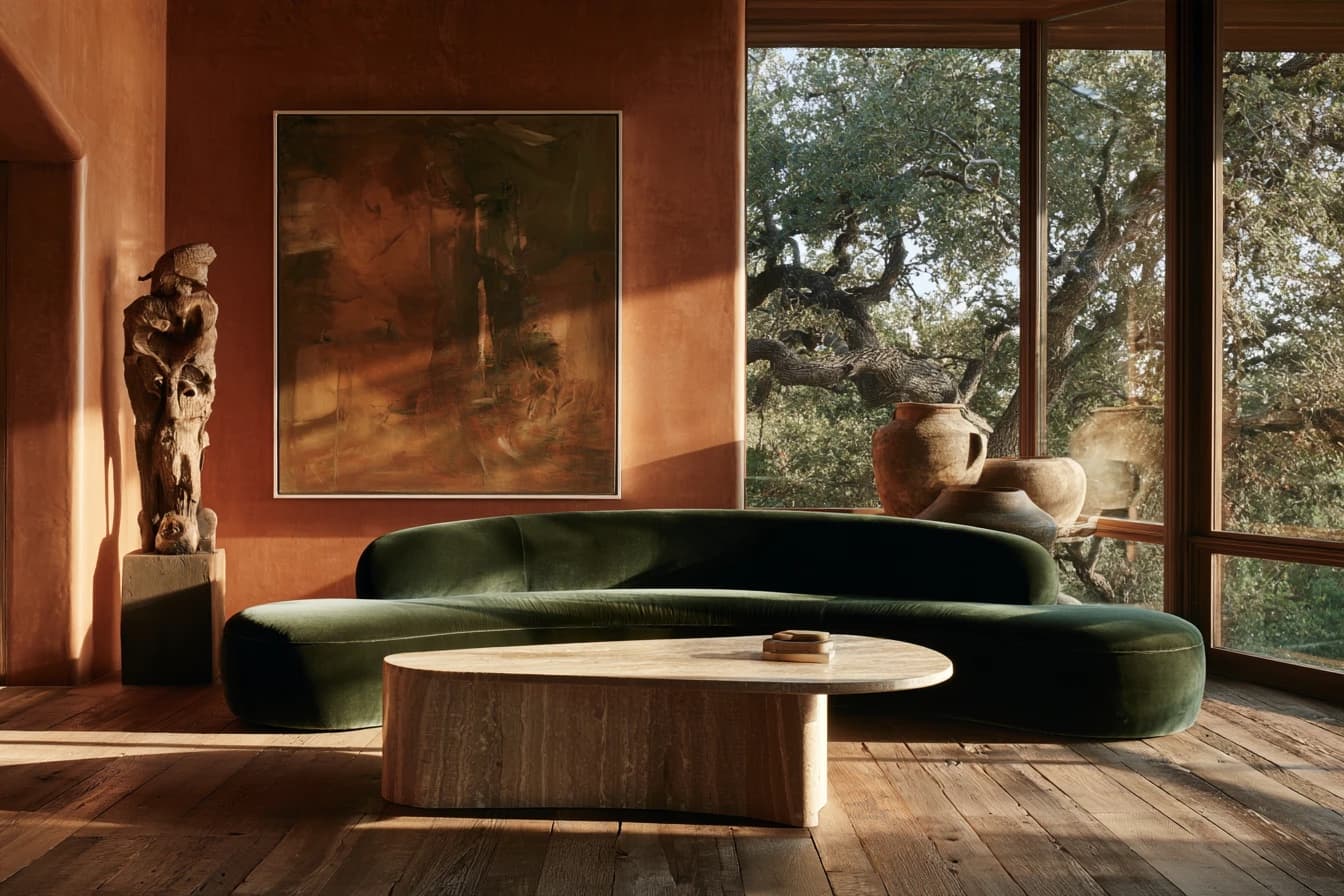 Living room with terracotta plaster walls, a curved green velvet sofa, a travertine coffee table and wide oak floorboards, with oak trees beyond floor-to-ceiling windows