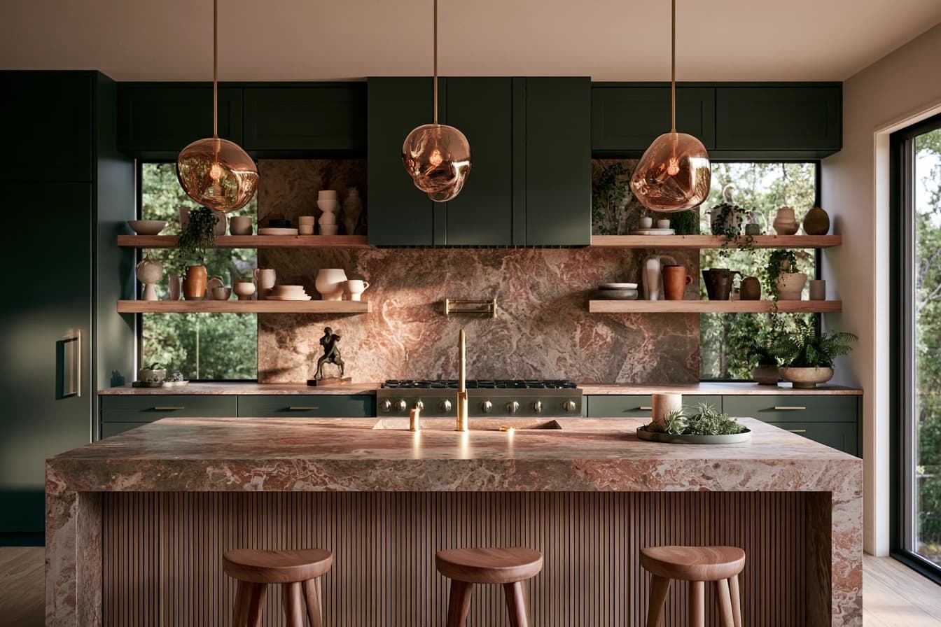 Kitchen with deep green cabinetry, a stone island and splashback, oak open shelves and fluted timber panelling