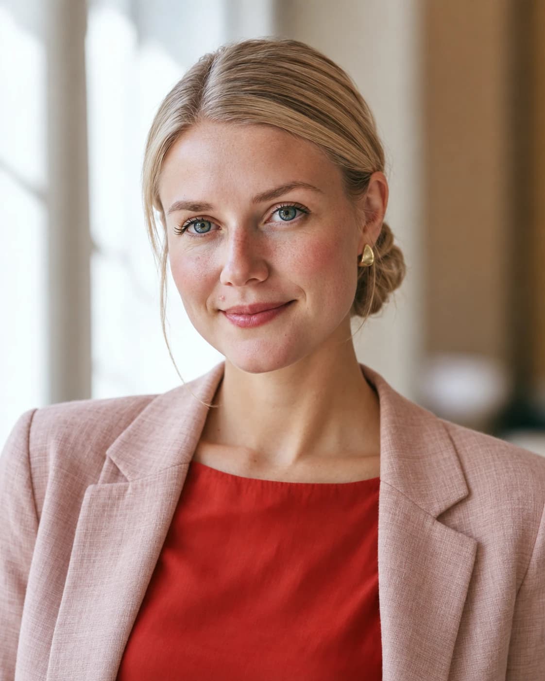 Portrait of Maria Kowalsky, founder of Zengen Studio, standing by a window in a pink jacket